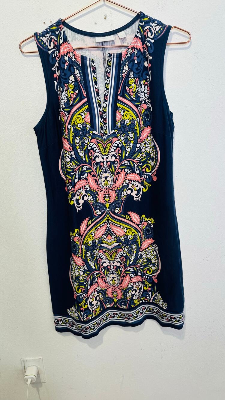 NEW YORK CO Navy Blue White Floral Paisley Sheath Midi Dress size Large